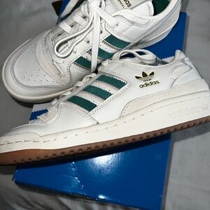 adidas White Sneakers with Green Stripes and Gum Sole